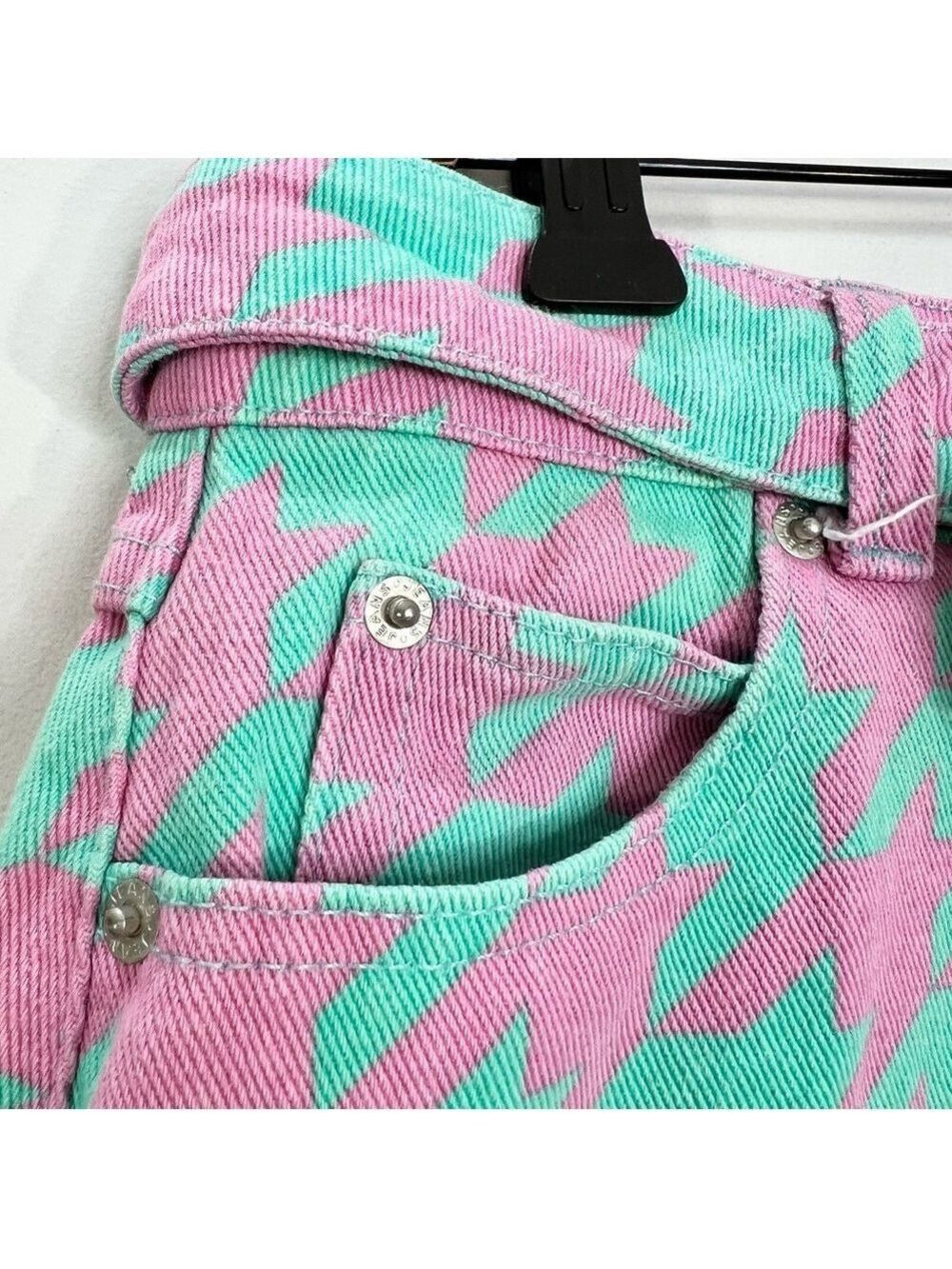 Signature 8 aqua pink houndstooth check belted denim mini skirt M - Picture 5 of 11